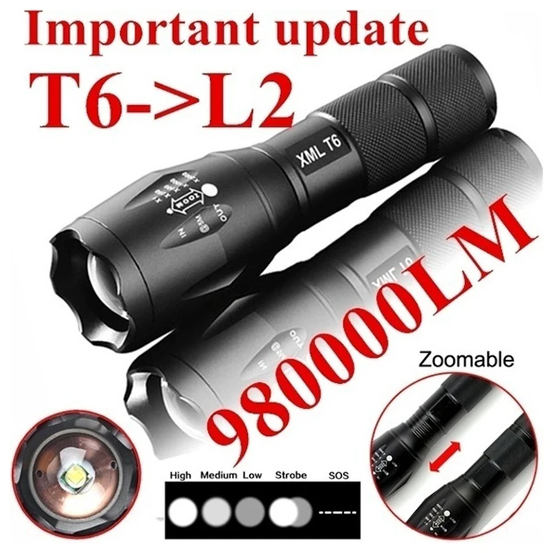 D5 Portable T6 Tactical Military LED Powerful Flashlight Zoomable 5-Modes Without Battery Outdoor Camping Fishing Hiking Tools