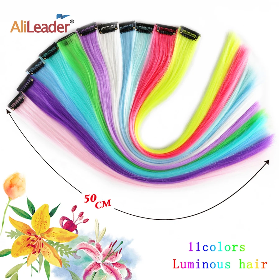 Brilho em Extensões de Cabelo Colorido para Mulheres, Grampo em Hairpieces, Festa Rainbow Grampos De Cabelo, Hairpiece Falso De Néon Sintético, 20in