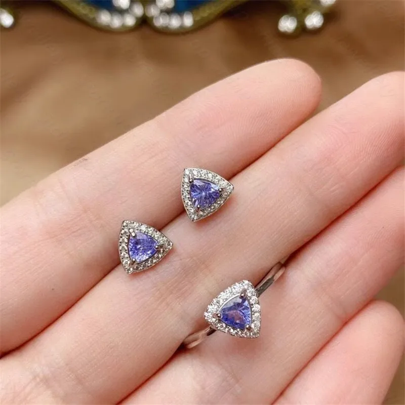 Natural 925 silver women's ring earrings set inlaid with tanzanite, exquisite and fresh personality, new fashion