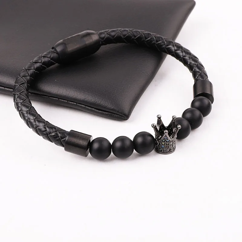 High Quality Punk 316L Stainless Steel CZ Crown Queen Charm Real Genuine Leather Bracelet Men Jewelry Gift