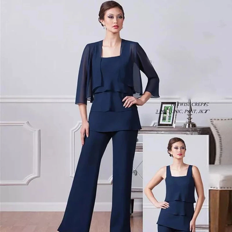 

Blue Mother Of The Bride Dresses Sheath Scoop Chiffon Tiered With Jacket Pants Suit Long Groom Mother Dresses For Weddings