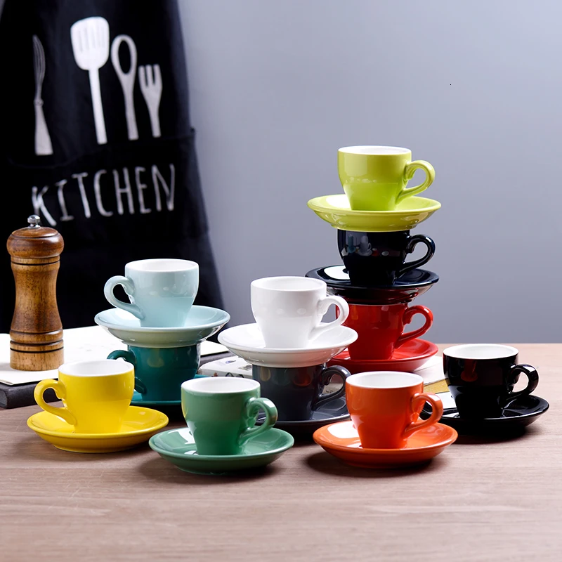 80cc Coloured Cheap Thick Ceramic Espresso Cups Saucer Set Cafe Household Caffe Latte Expresso Strong Coffee Mugs Tray Wholesale