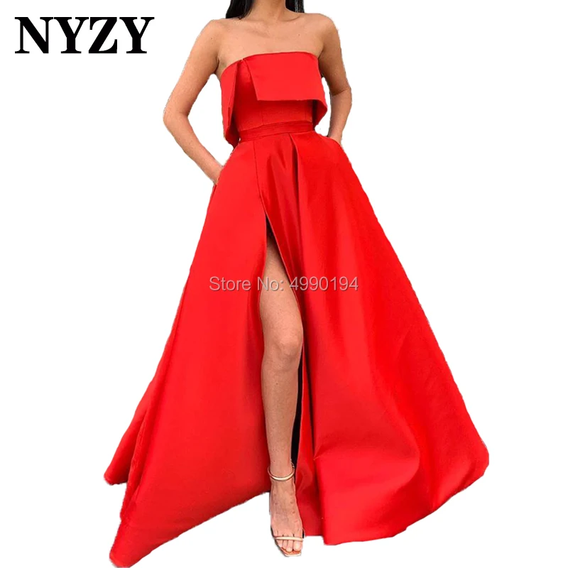 NYZY – Robe de soirée longue rouge en Satin, sans bretelles, fente haute, élégante, P68