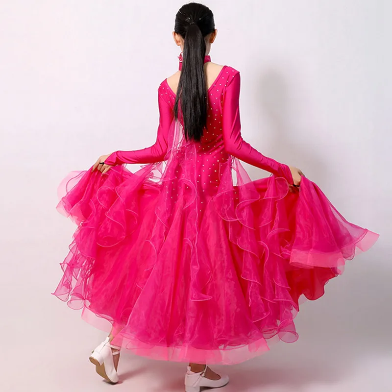 Rose Long Sleeves Girls Ballroom Dance Competition Dresses Waltz Dance Dress For Kids Dance Costumes Ball Gown Princess Costumes