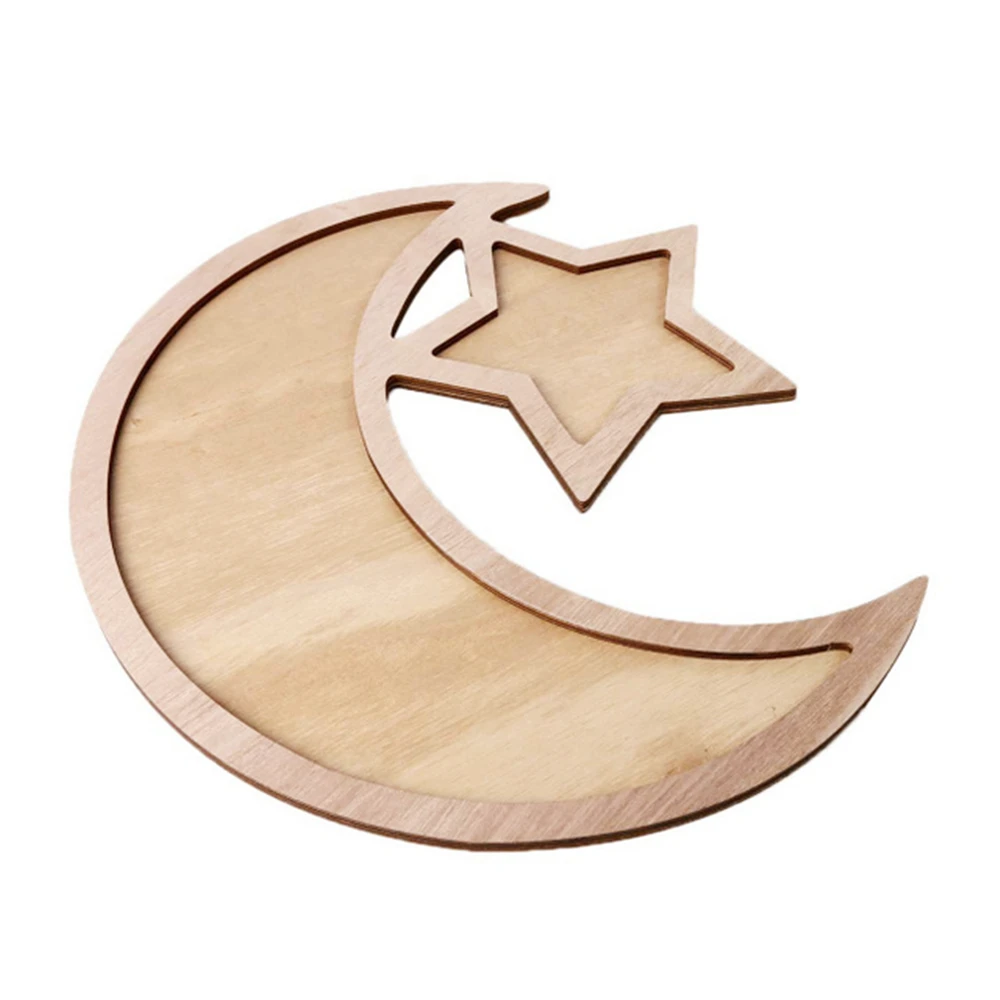 Wooden Dinner Plate Eid Mubarak Ramadan Table Decor Moon Star Dessert Pastry Tray Serving Tray Muslim Home Decoration  CST1072