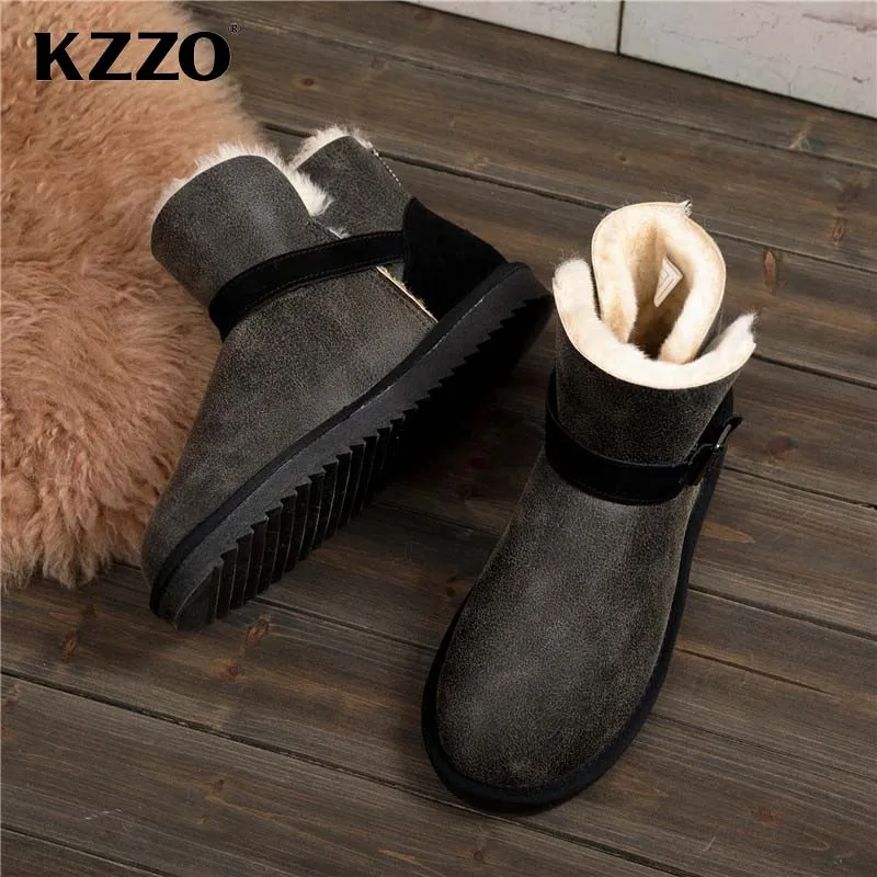 KZZO 2023 New Men Casual Real Sheepskin Leather Winter Snow Boots Natural Wool Fur Lined Keep Warm Shoes Waterproof Slip on