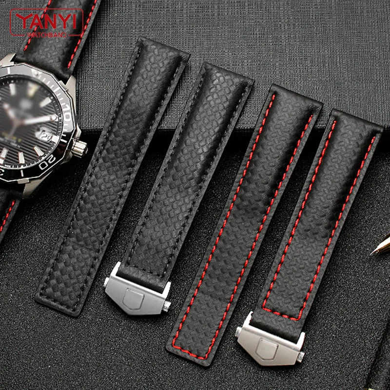 Carbon fiber pattern Genuine Leather Strap 20mm 22m for tag he-uer F1 watchband wristwatches band leather watch bracelet