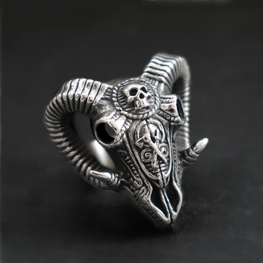 EYHIMD Evil Sacrifice Sorcerer Goat Head Mask Skull Rings Mens Punk Rock 316L Stainless Steel Ring Demon Biker Jewelry