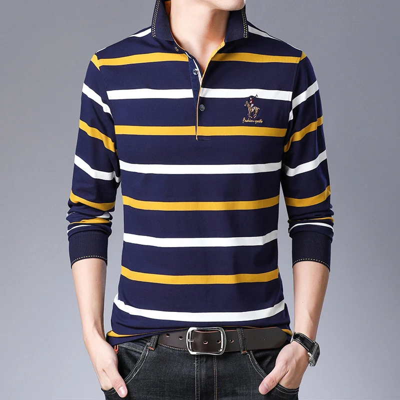 polo shirt men Spring new quality mens cotton long sleeve stitching stripes embroidery lapel youth Business casual polo shirt851