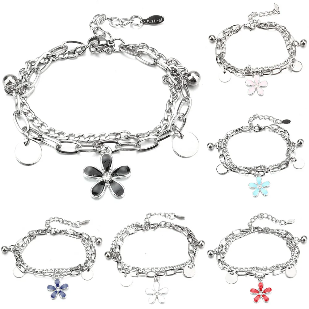 Imagen: Pulseras de acero inoxidable para mujer, accesorios de flores de aceite de goteo, encanto, joyería, simplicidad, elegante, nuevo