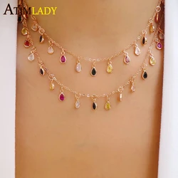 2023 New Sparking Micro Pave Tear Drop Chocker Cz Dots Rainbow Charms Link Chain Thin Cz Stone Pendant Necklace Women Jewelry