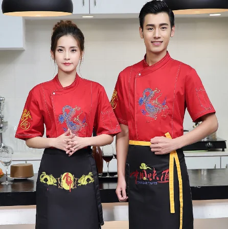 จีนโรงแรมChef Workwearแขนสั้นฤดูร้อนเชฟร้านอาหารปักมังกรBreathableครึ่งแขนบางWorkwear