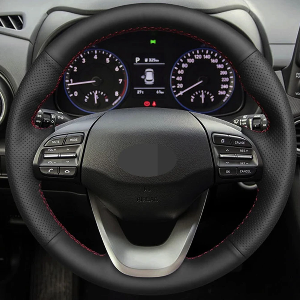 Car Products DIY Black Non-slip Breathable Genuine Leather Car Accessories Steering Wheel Cover For Hyundai Kona 2017-2020