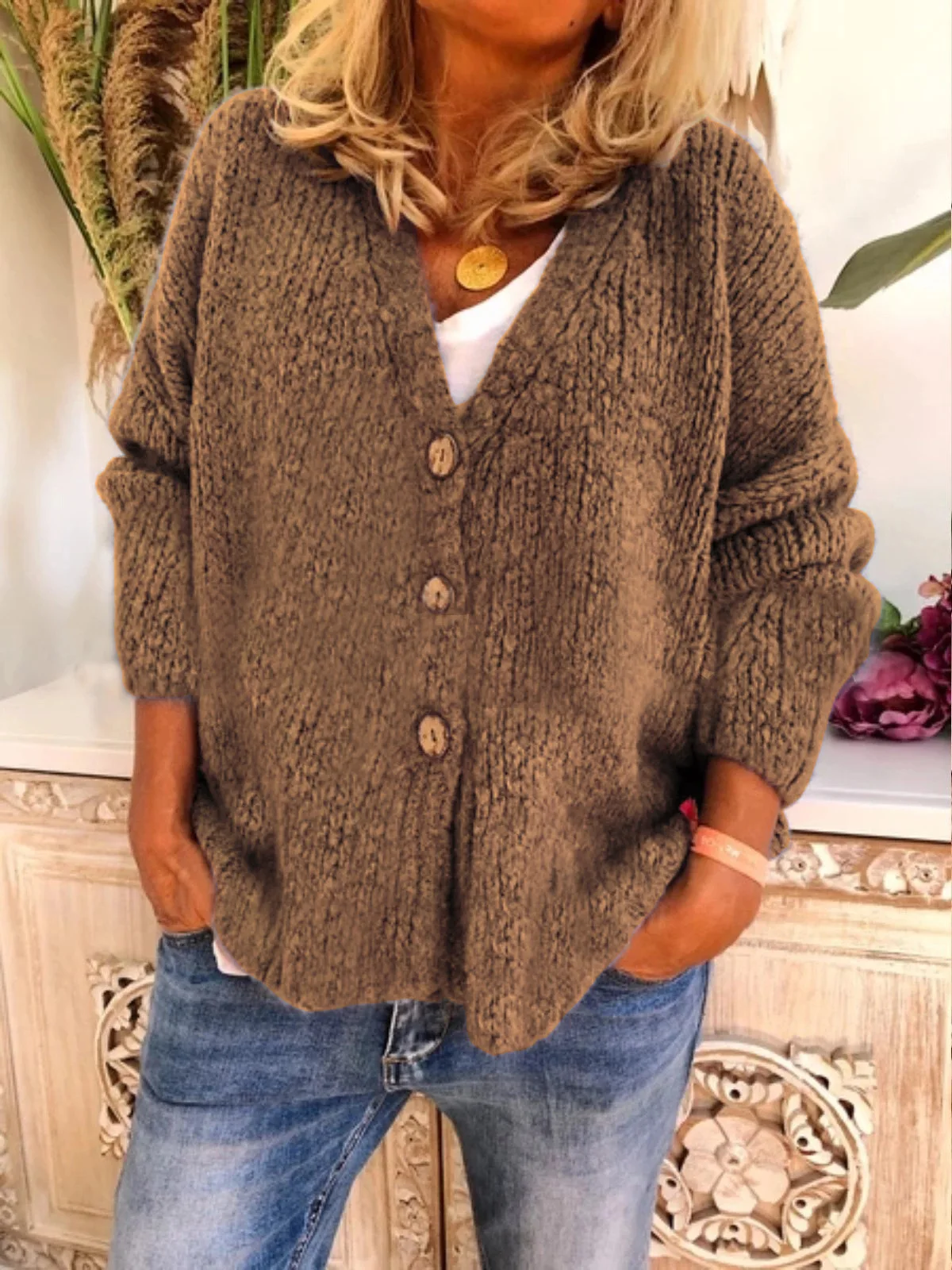 S-3XL Knitted Cardigan Tops Women\'s Casual Solid Color V-Neck Long Sleeve Single Breasted Oversized Jacket Sweater with Button