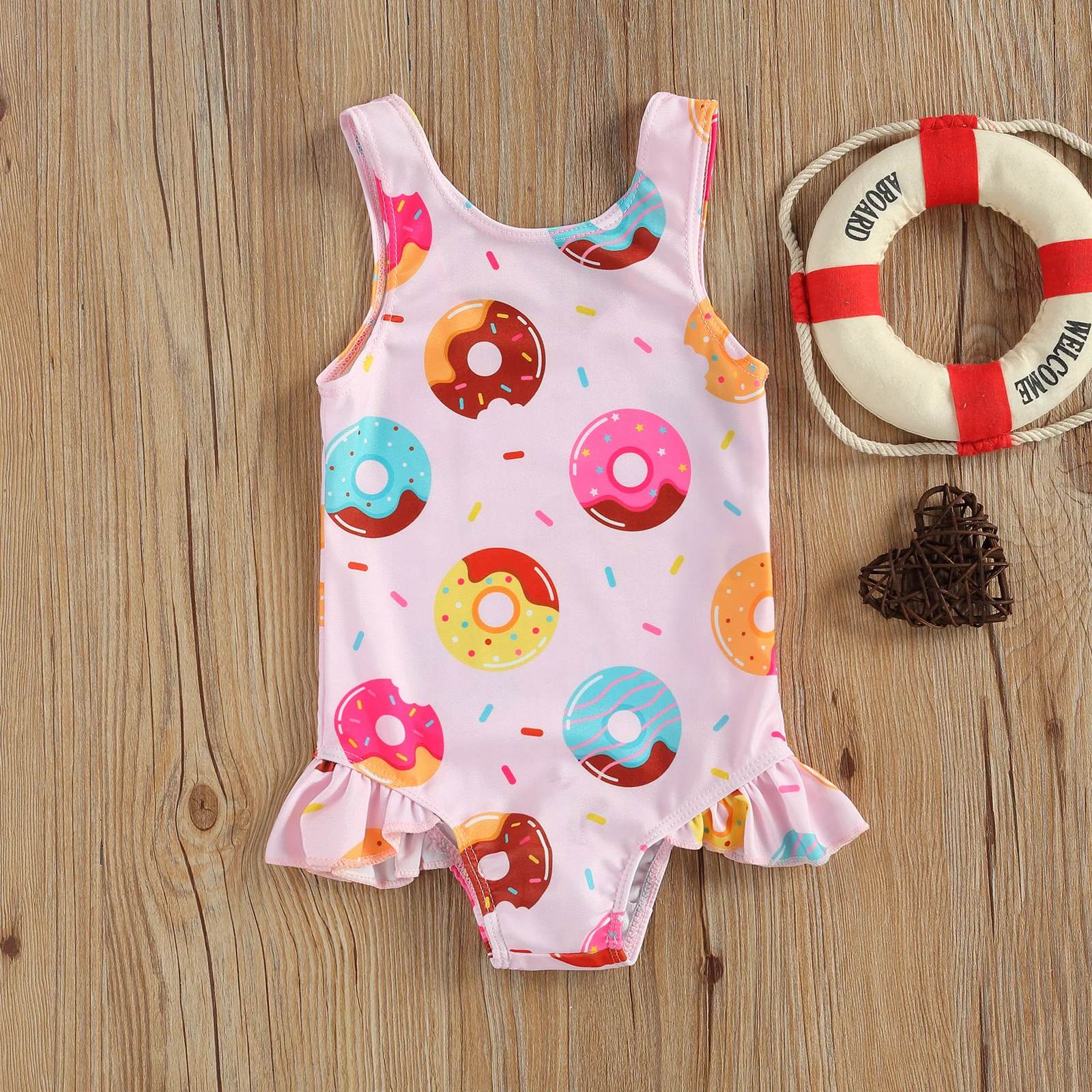 Baby Girl Cute Crab Donut Print Swimsuit Ruffle Frill Swimwear 0-3Y Infant Toddler Kids Summer Casual Sleeveless Bathing Suits