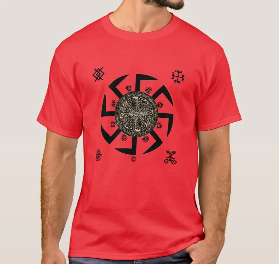 Strength, Dignity, Sun and Fire. Slavic Sun Wheel Kolovrat Symbol T-Shirt. Summer Cotton Short Sleeve O-Neck Mens T Shirt New