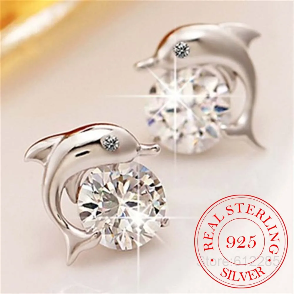 

Cute Romantic Dolphin Love Stud Earrings For Women High Quality 925 Jewelry Stering Silver Round Cut AAA Zircon Brinco Bijoux