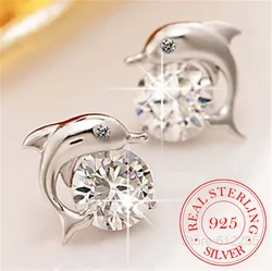 Cute Romantic Dolphin Love Stud Earrings For Women High Quality 925 Jewelry Stering Silver Round Cut AAA Zircon Brinco Bijoux