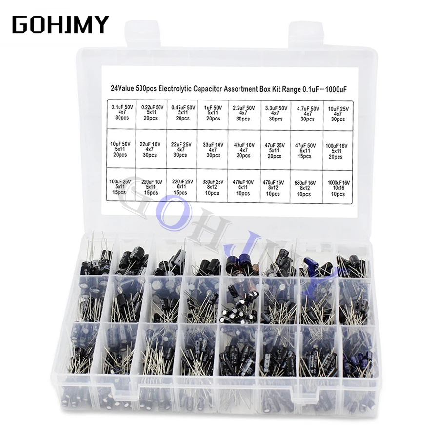 500PCS/lot 0.1UF-1000UF 24Values Aluminum Electrolytic Capacitors 16-50V mix Electrolytic capacitor Assorted kit and storage box