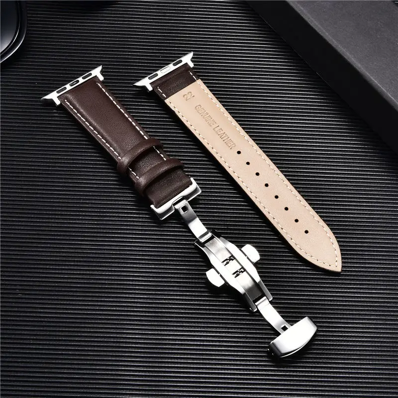 Leder-Uhrenarmbänder für Apple Watch 8, 7, 6, 5, 4, 3, SE, Schmetterlingsverschluss, Ersatz-Armband, 38/40/41 mm, 42/44/45 mm, Band für iwatch – Detail 15