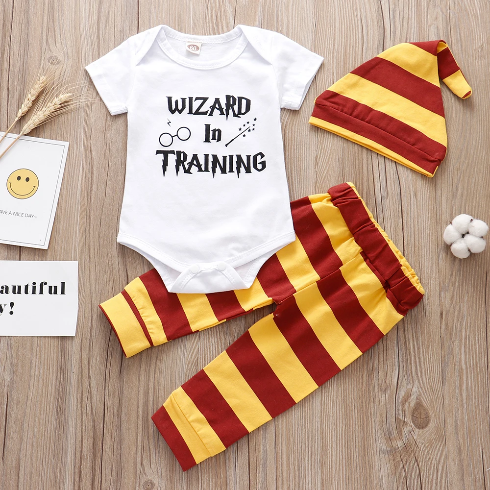 Newborn Baby Boy Girl Clothes Set 2021 Summer Little wizard has arrived Romper+Pants+Hat 3PCS Infant Clothing Outfits