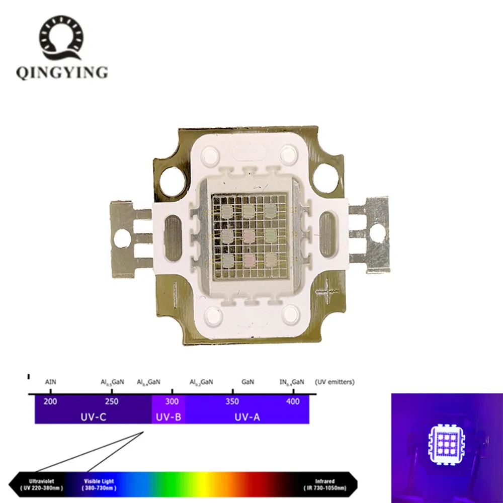 1 قطعة 10 واط UV LED رقاقة ضوء عالية الطاقة ضوء الأشعة فوق البنفسجية الأرجواني LED 36nm 37nm 380nm 38nm 39nm 400nm 40nm الأشعة فوق البنفسجية لمبات مصباح رقائق