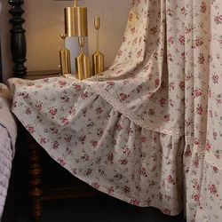 Korean Ins Cotton Linen Semi-Blackout Curtains for Living Room, Rural Floral Ruffles, Pastoral Style Window Drapes with Valance