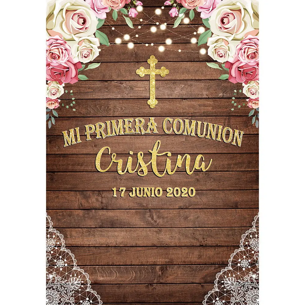 Allenjoy First Holy Communion Background Girl Decoration Party Wooden Flower Glitter Cross Custom Backdrop Photozone Photocall