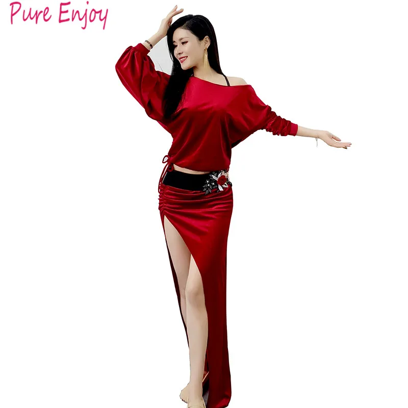 Fashion Women Belly Dance Clothes Costume Set long Sleeves velvet Top And Long Skirt Belly Dance Performance Costume