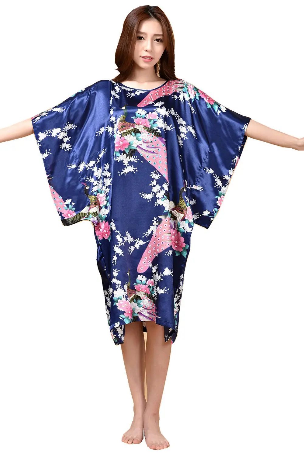 Plus Size Summer Women's Faux Silk Nigh Robe Black Lady Bath Gown Nightgown Bathrobe Sleepwear Mujer Pijama Flower Zh07C