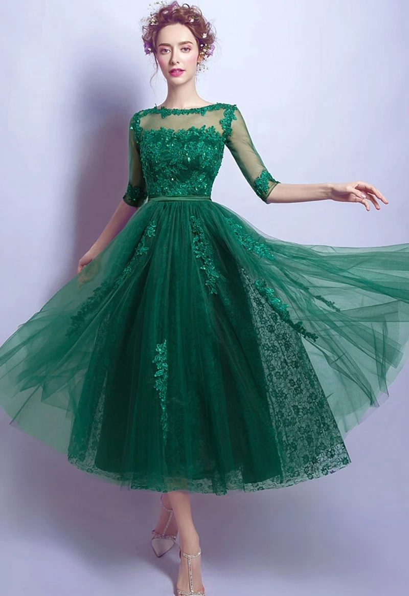 Vestidos de Noche largos de té verde para mujer, Media manga, apliques de cuentas de tul, vestidos de fiesta de graduación, abiye gece elbisi, gran oferta, 2024