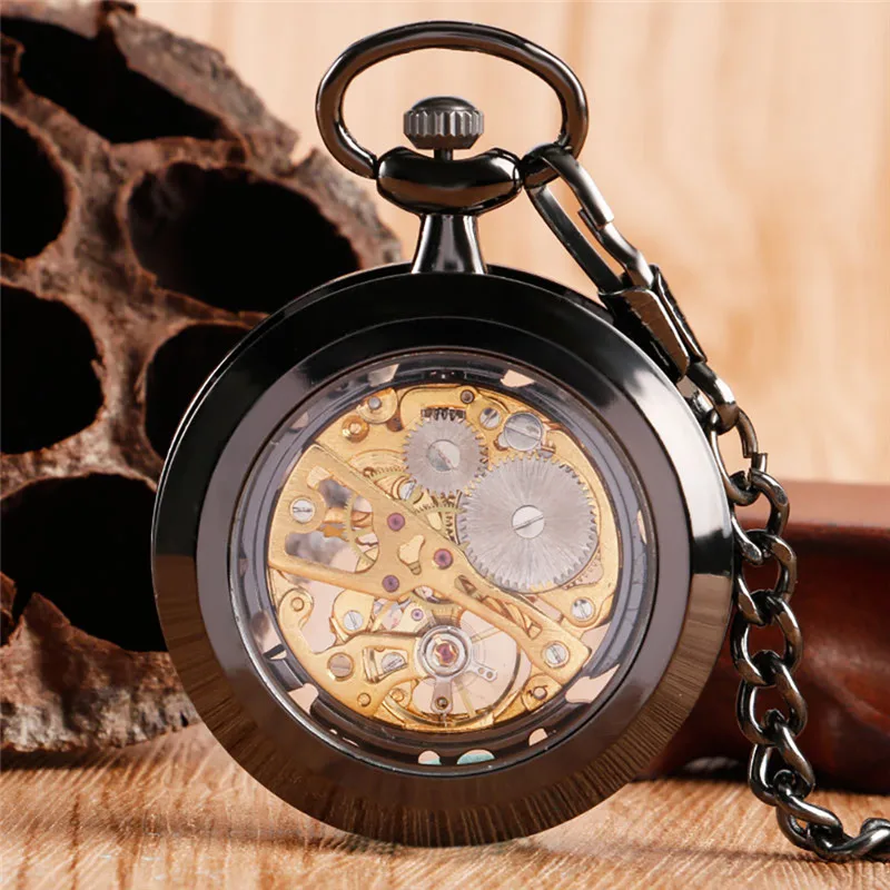 Steampunk Unisex Hand-winding Mechanical Pocket Watch Transparent Open Face Case Clock with Pendant FOB Chain Timepeice