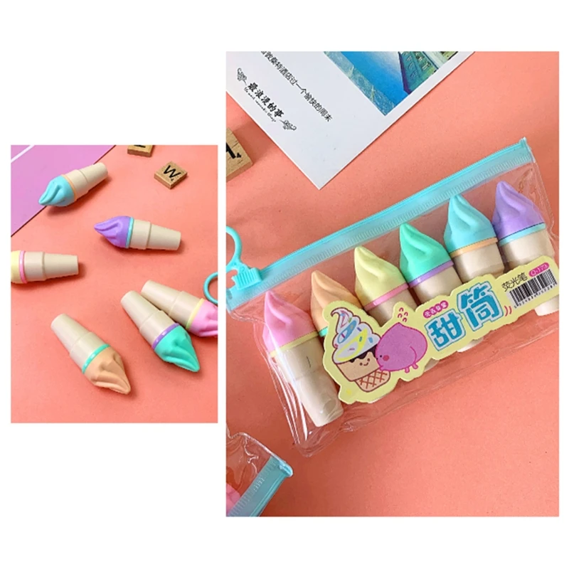 6pcs Cute Mini Highlighter Pen Kawaii Cartoon Ice Cream Shape Fluorescent Marker Pens School Office Stationery