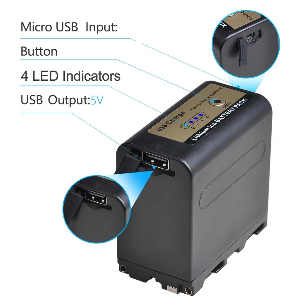 Wyjście USB 7800mAh NP F970 NP-F980 F960 F970 Bateria ze wskaźnikiem zasilania LED do Sony F960 F550 F570 F750 F770 MC1500C 190P