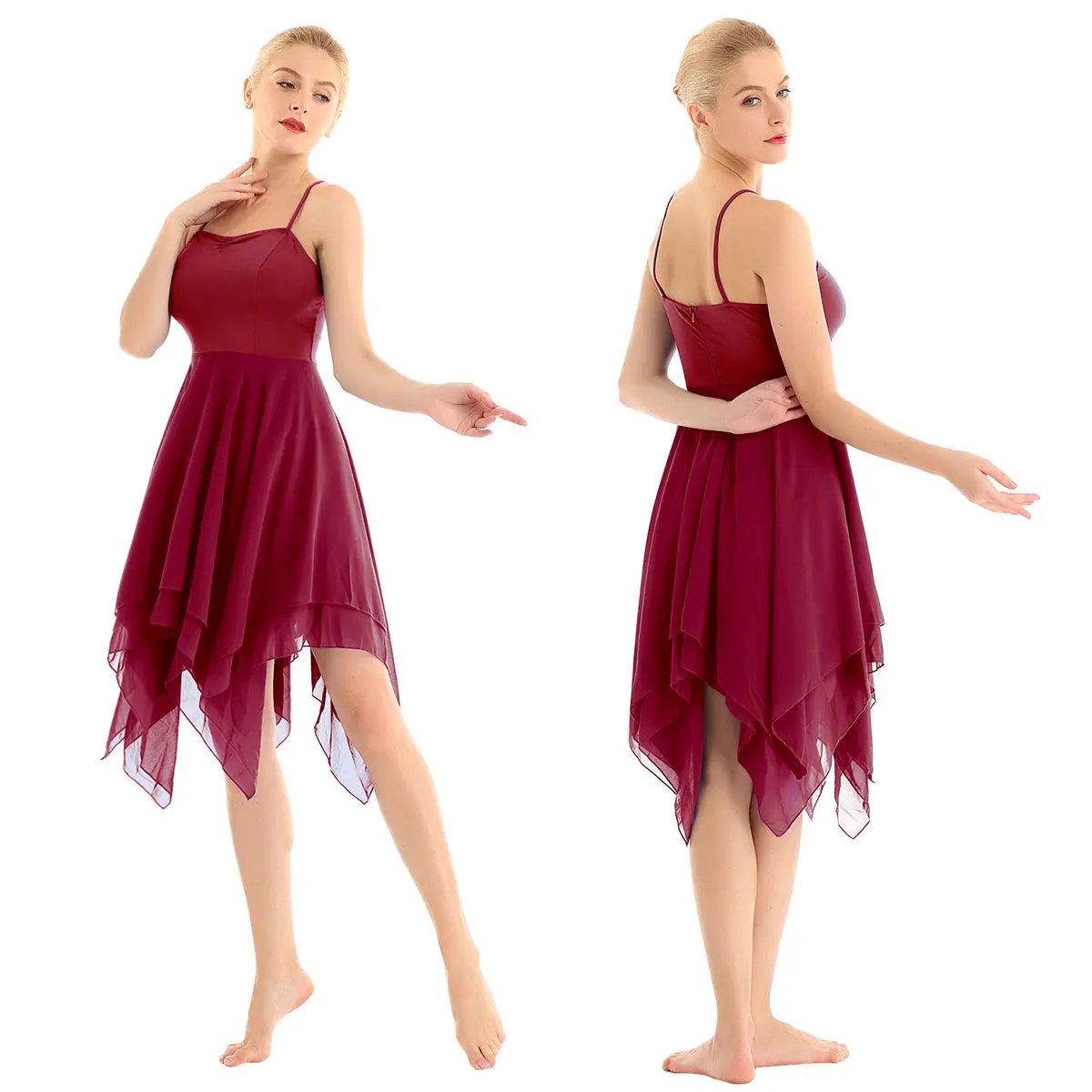 Lyrical Moderne Hedendaagse Dans Jurk Vrouwen Asymmetrische Dans Kostuum Ballet Turnpakje Spaghettibandjes Ballerina Maxi Jurk