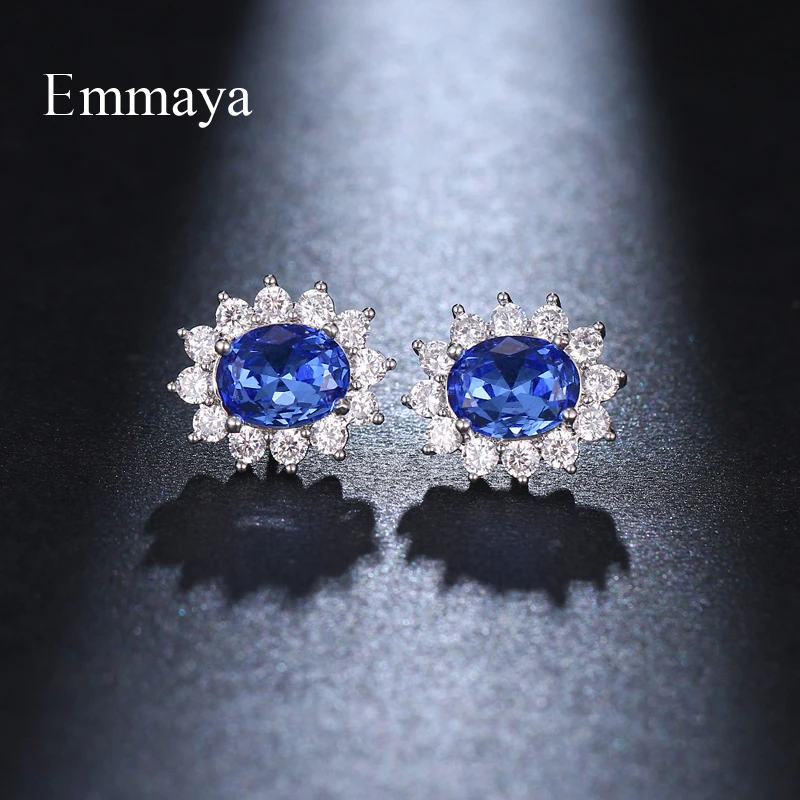 Emmaya Classic Style Oval-Flower Shape Earring For Female Charming Decoration With Shiny Blue Zirconia In Banquet Fancy Jewelry