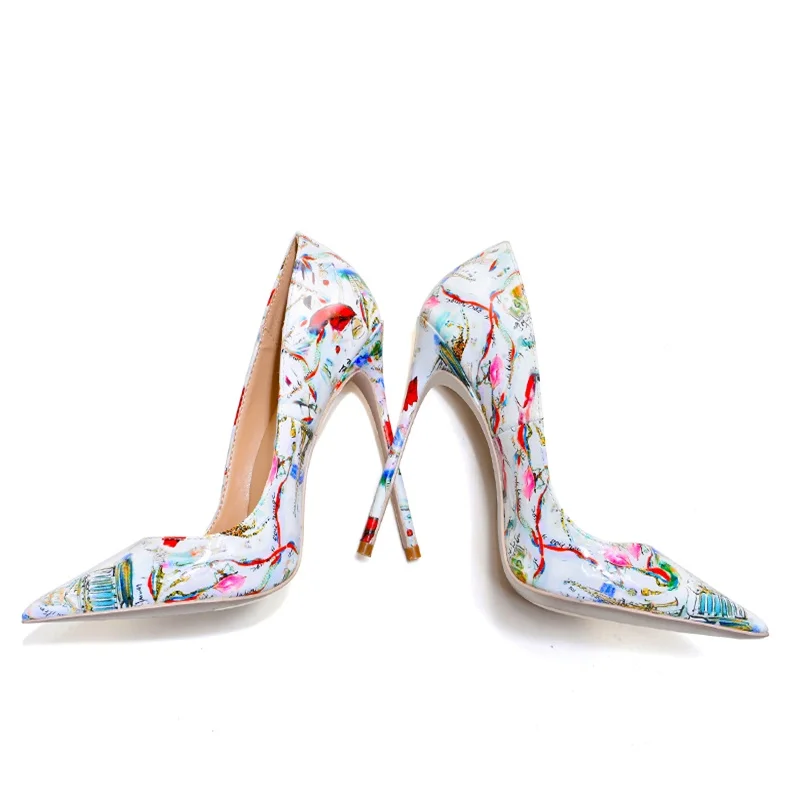 Sexy Red Lips Tower Printed Stiletto Heels Pumps Multi-Color Floral Wedding Female Colorful Dress Shoes 12cm 10cm 8cm Heels