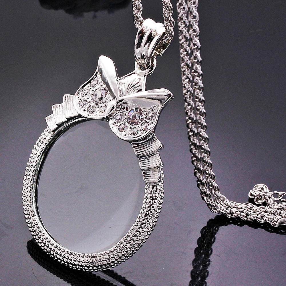 DreamCarnival1989 Women Sweater Necklace 40mm Glass Len Magnifier for Reading 65cm Long Chain Crystal Eyes Owl Jewel Gift P-0016