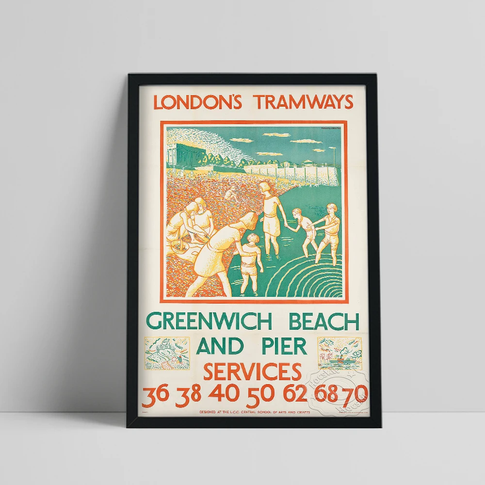 London’S Tramways Greenwich Beach Poster, Vintage Travel Painting, London England Red Green Still Life Wall Picture, Tour Gift