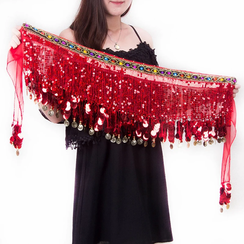 2021 New Belly Dance Waist Chain Hip Scarf for Women Bellydance Coins Belt Dancing Waist Belt Wrap Sequins Coin Chiffon Skirts