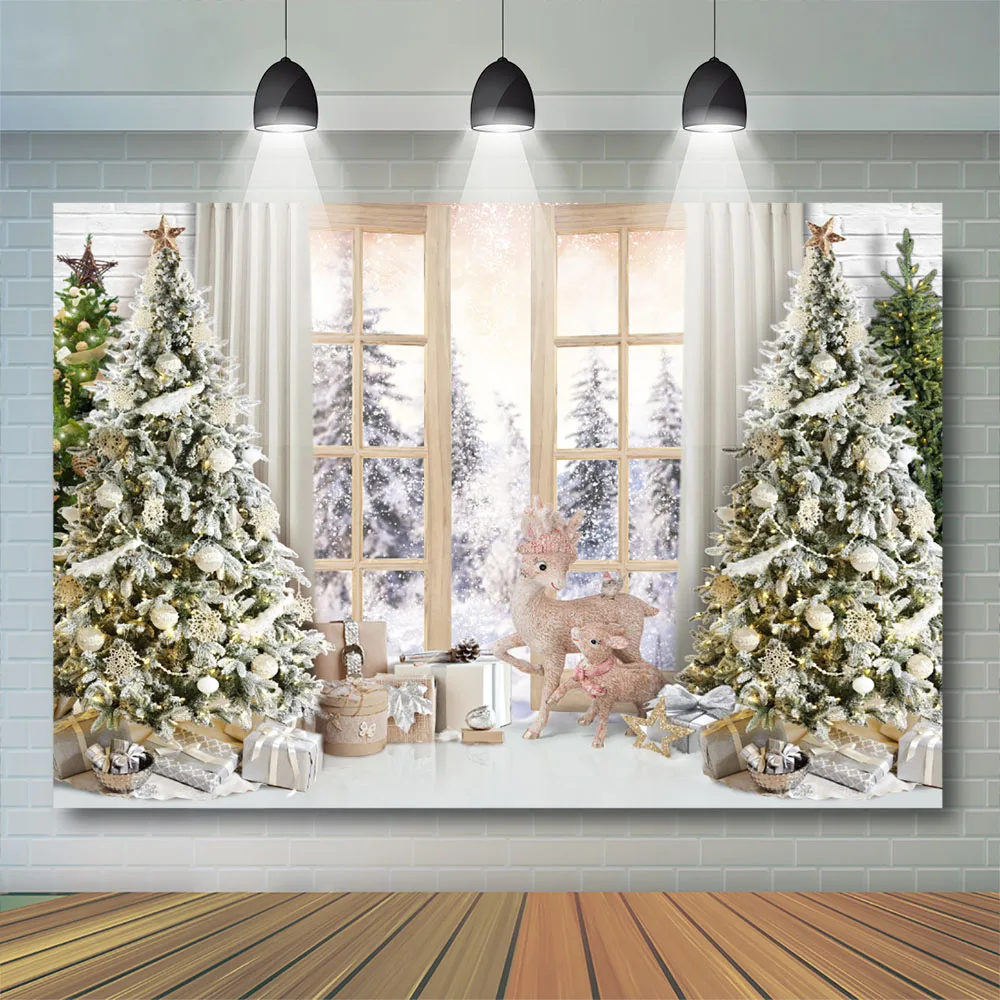 Mockica natal fotografia crianças retrato criança rena inverno neve janela árvore de natal banner menina recém-nascido photostudio
