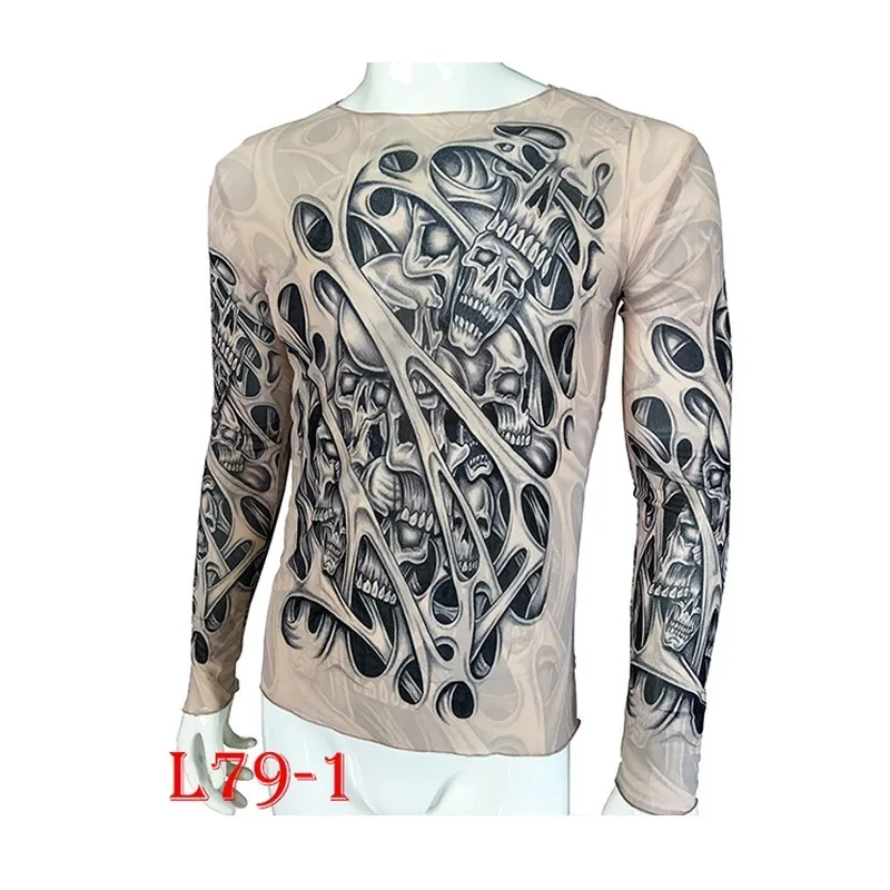 Fashion Men\'s Fake Tattoo T-shirts Long Sleeve Elastic Modal Thin All Over Print O-Neck Tattoo Shirts Women Halloween Clothing