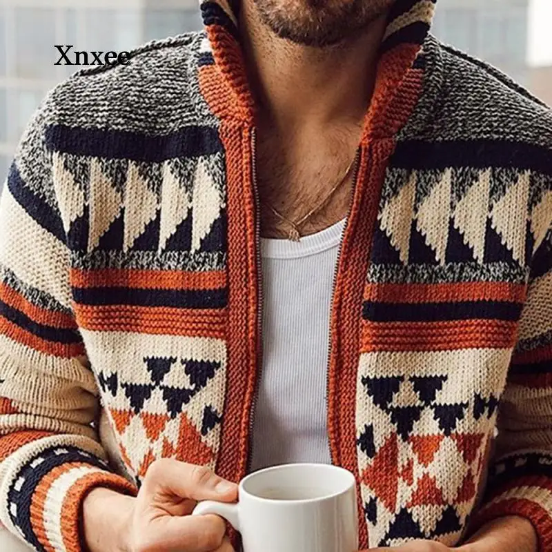 

Autumn Casual Men Sweater Geometric Print Zipper Turtleneck Slim Cardigan Short Oversize Jumper Knitted Top Fashion Young Home