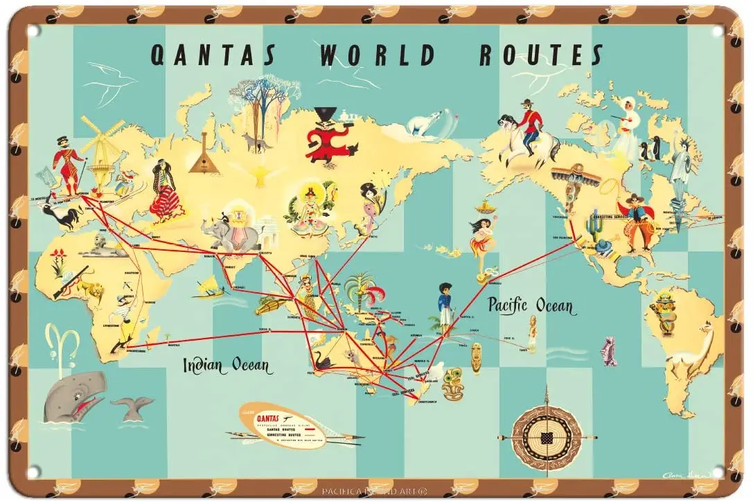 Island Art Qantas Empire Airways - World Routes Map  Poster by Anne Drew c.1950-8in x 12in Vintage Metal Tin Sign