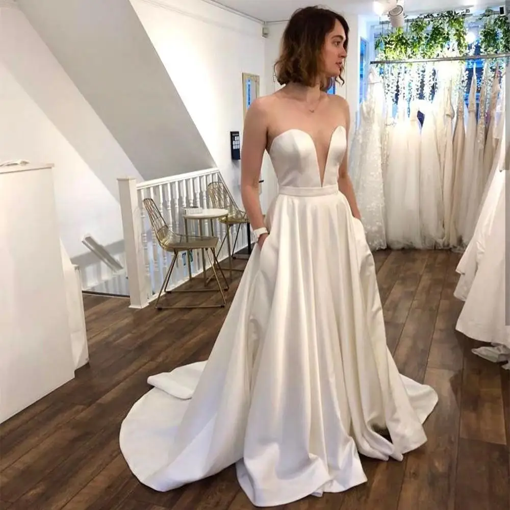 Simple Wedding Dress Sweetheart Floor Length Sweep Train  2021 With Pocket Robe De Mariee Elegant For Lady Beach Cheap Simple