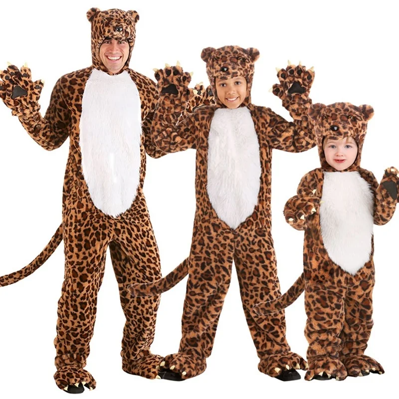 Brown Leopard Panther Cosplay Costume Baby Kid adulto tutina pigiama Cartoon Animal Cosplay Costume inverno autunno Warm Fancy Suit