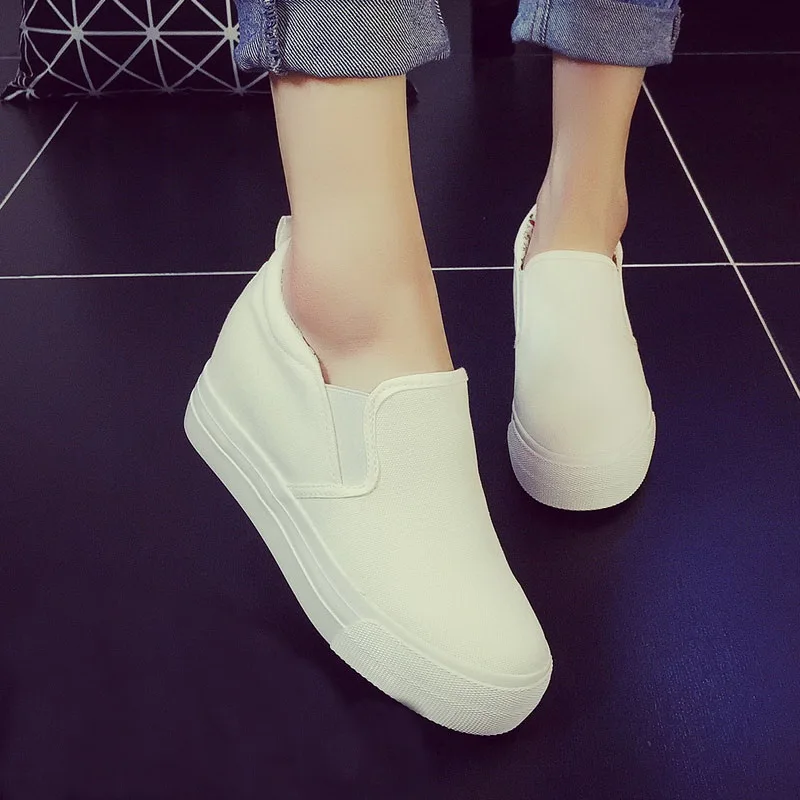 New Thick-soled Student Canvas Shoes Women's Pedal Shoes Increased 7cm Casual Black Shoes Zapatos De Mujer