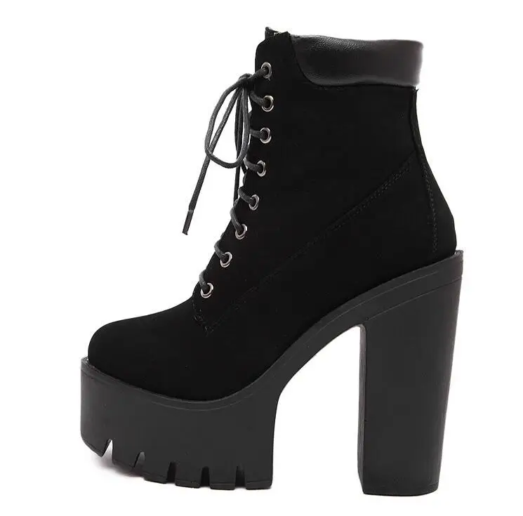 Sexy Fashion Spring Autumn Platform Ankle Boots Women Lace Up Shoes Thick Heel Platform Boots Ladies Worker Boots Black Big Size