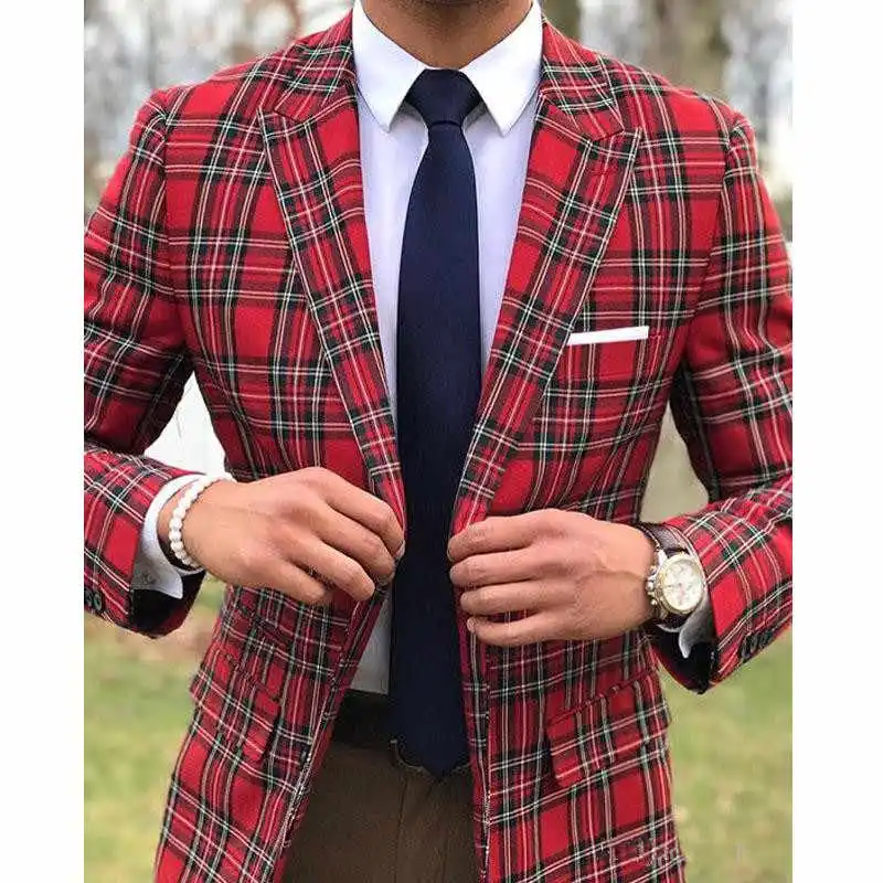 Scottish Plaid Men Suits for Wedding Groom Tuxedos Slim Fit Male Fashion Set Peaked Lapel 2 Piece Blazer with Pants