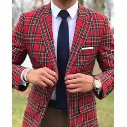 Scottish Plaid Men Suits for Wedding Groom Tuxedos Slim Fit Male Fashion Set Peaked Lapel 2 Piece Blazer with Pants